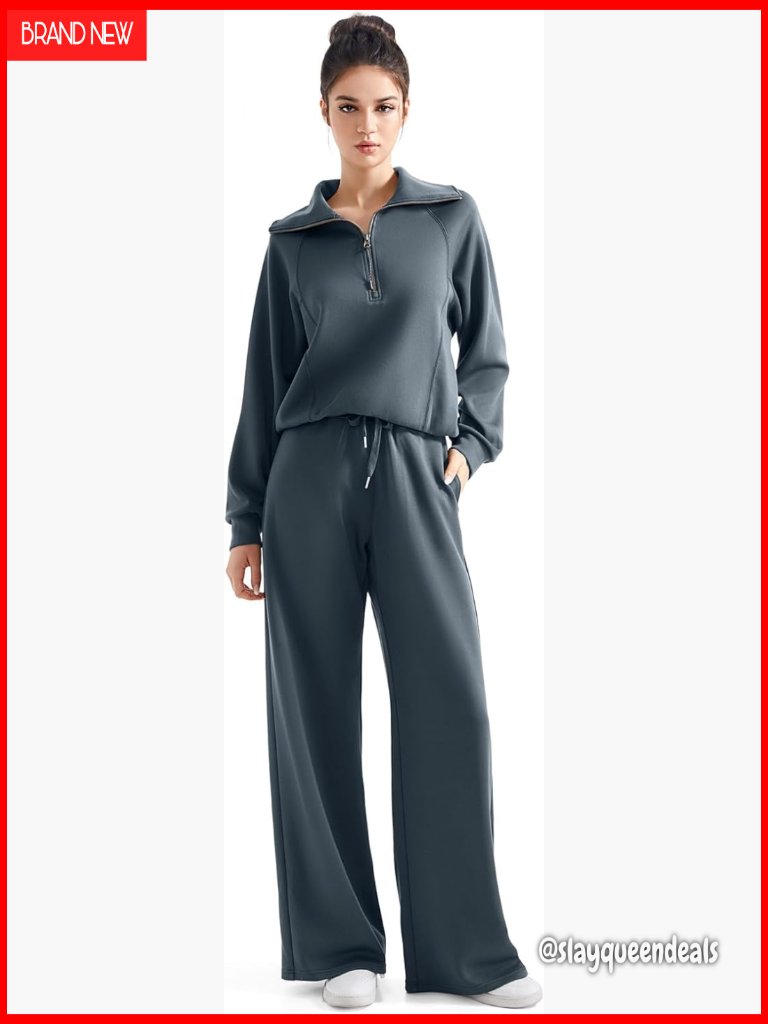 Women's 2 Piece Lounge Matching Set Wide Leg Sweatpant Half Zip Sweatshirt